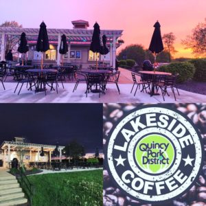 Quincy Park District's Lakeside Coffee outdoor seating area at sunset