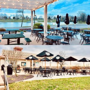 Outdoor seating area near the Quincy Park District batting cages overlooking a pond.